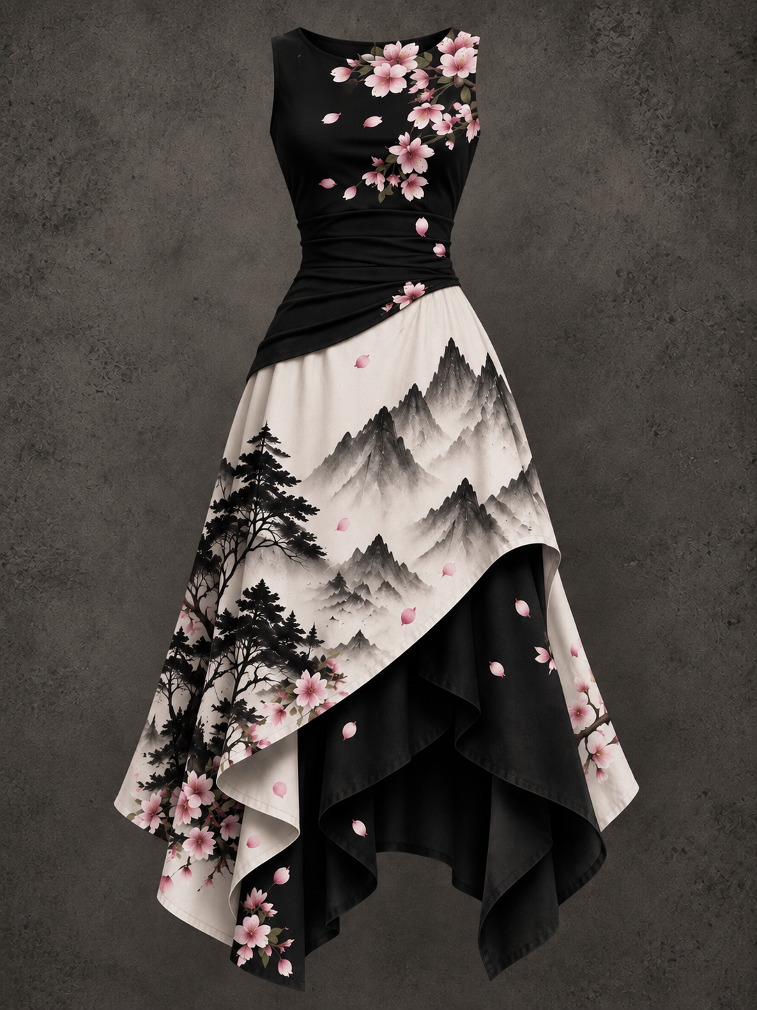 Landscape Art Printed Vintage Round Neck Sleeveless Midi Dress